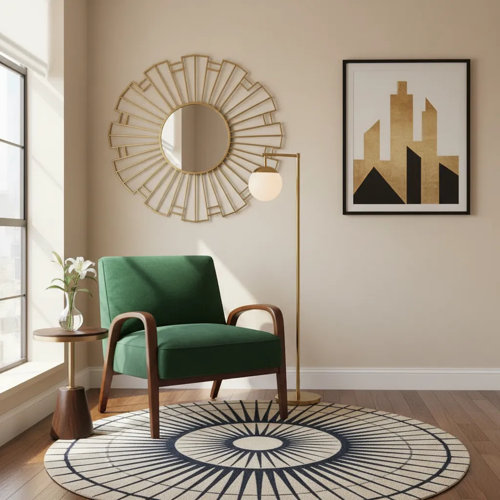 Apartamento pequeño con detalles Art Decó y espejo geométrico