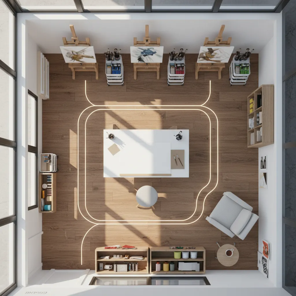 small art studio floor layout planning with wall easel placement