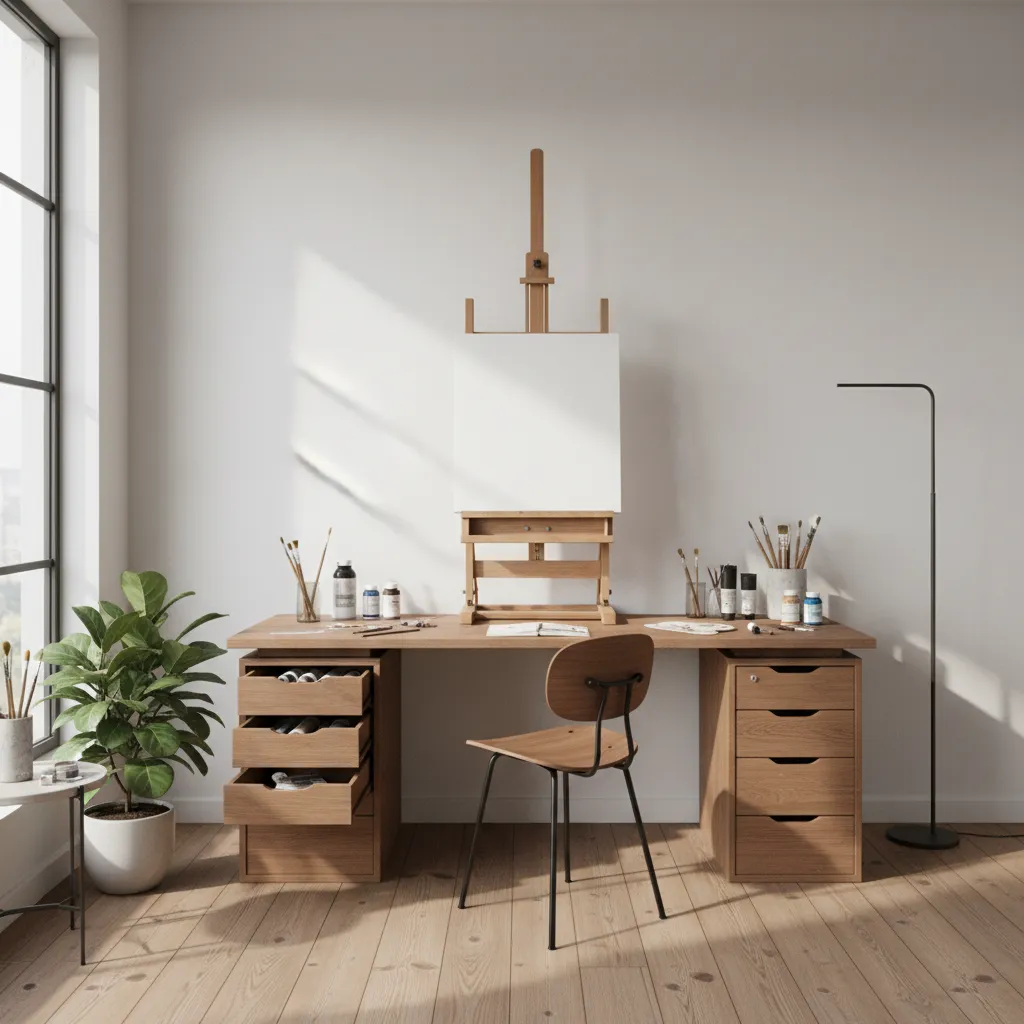 Compact art studio featuring a wall mounted easel and minimal painting workspace