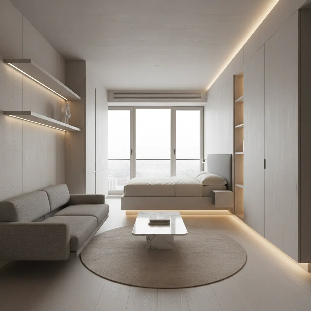 Apartamento pequeño con diseño vanguardista y muebles flotantes