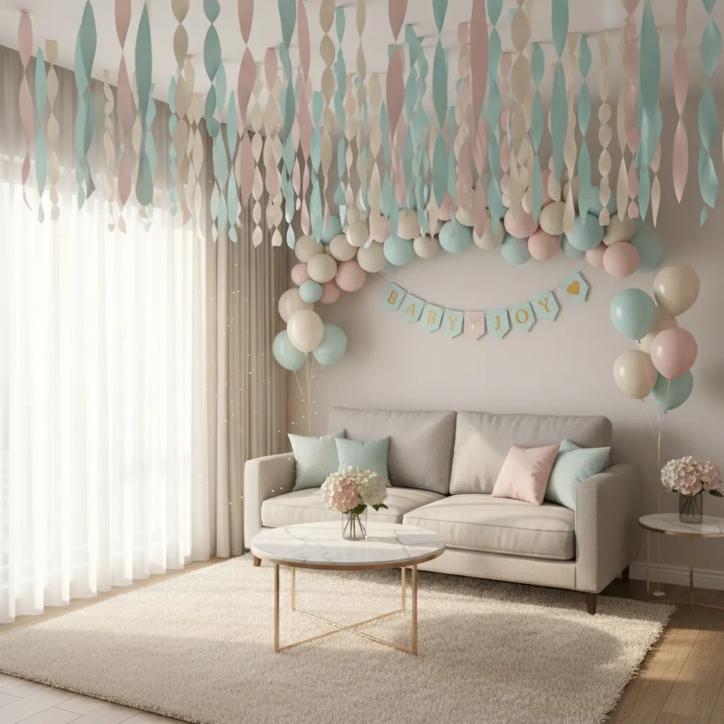 Small apartment living room decorated for baby shower with vertical decorations
