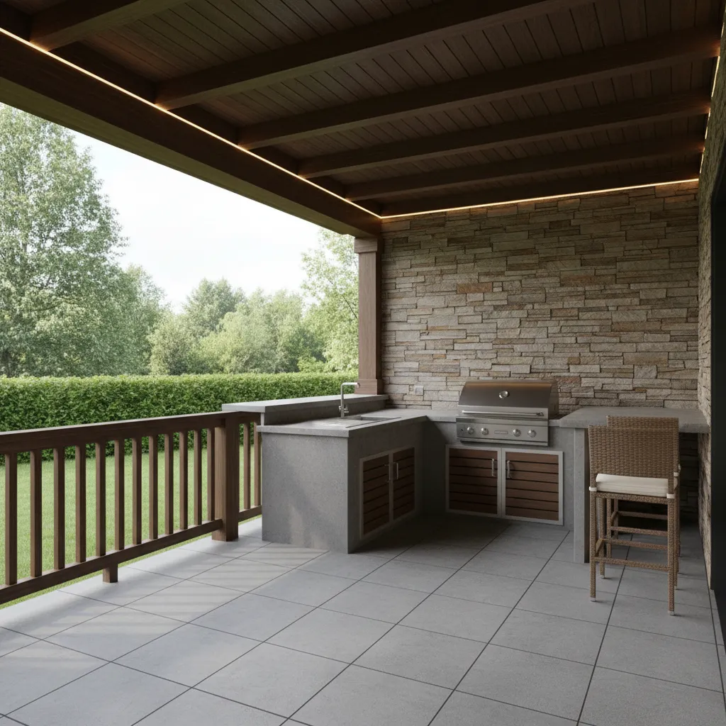 small covered porch kitchen with grill prep counter and limited space layout