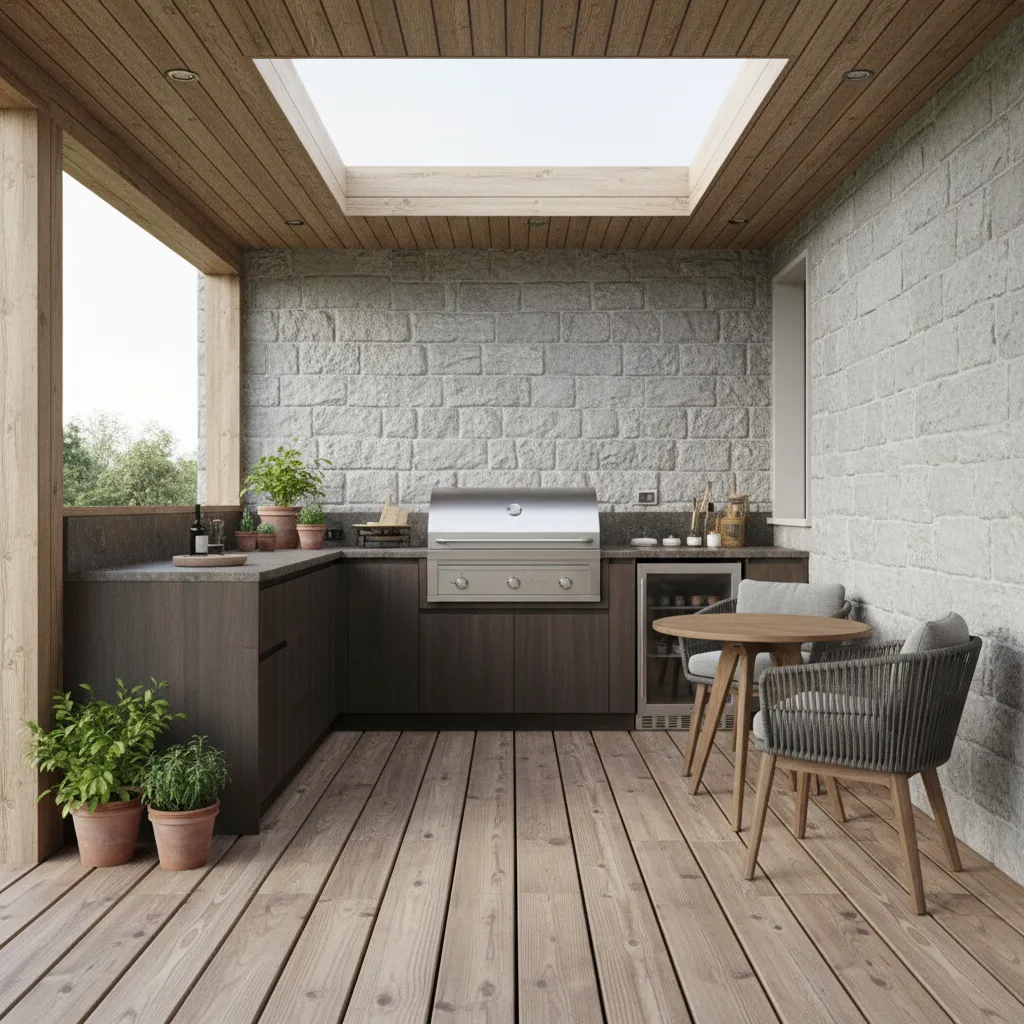 compact outdoor kitchen installed on a small covered back porch