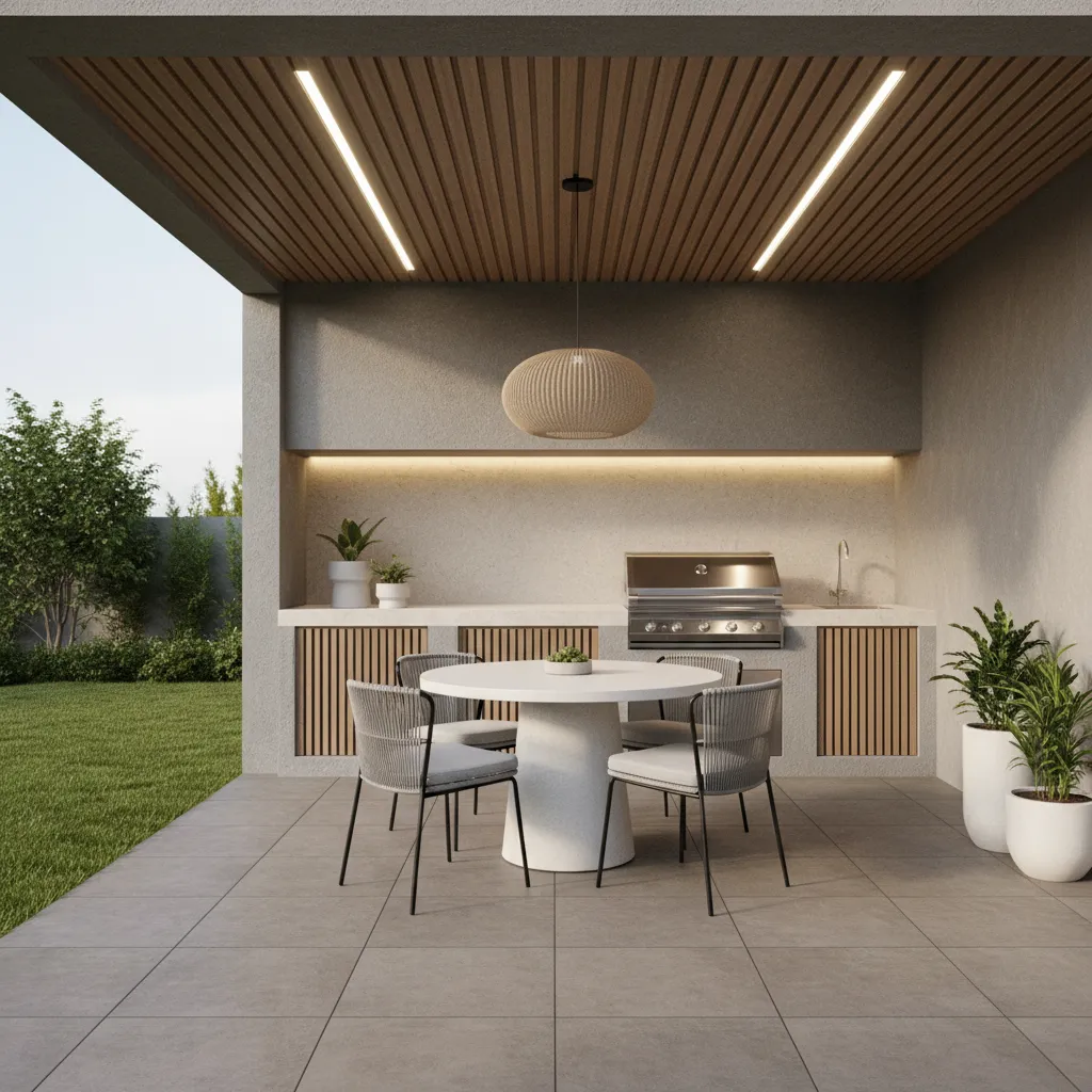 Small back porch outdoor kitchen with grill counter and seating area