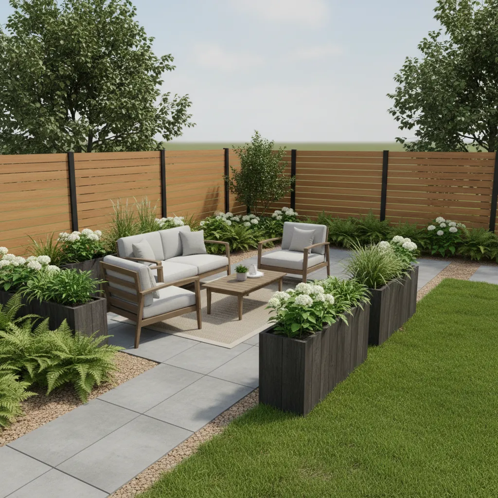small backyard garden design with patio seating plants and pathways visualized in 3D planning software