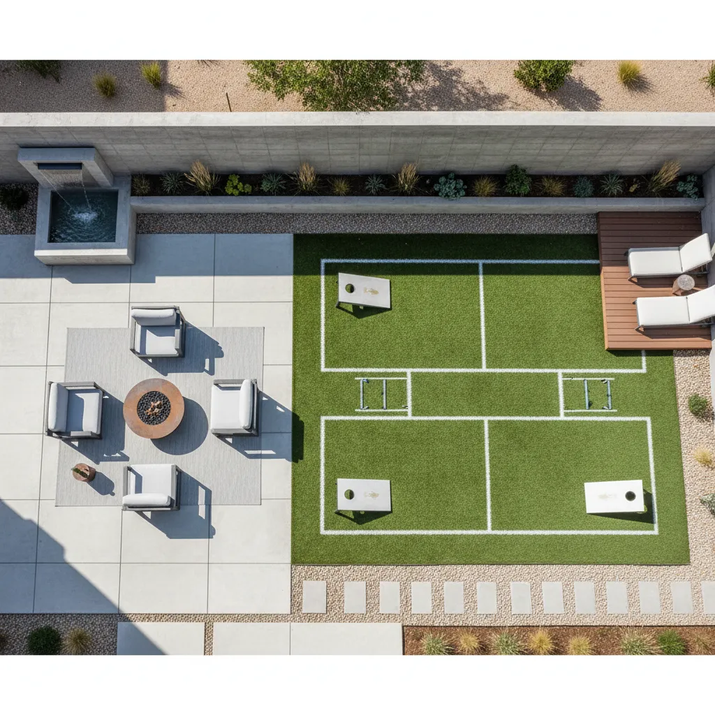 Visual layout of a small backyard play rectangle for patio games