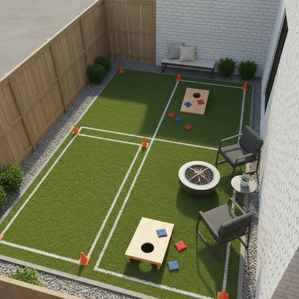 Small backyard divided into clear play zones for safe outdoor games