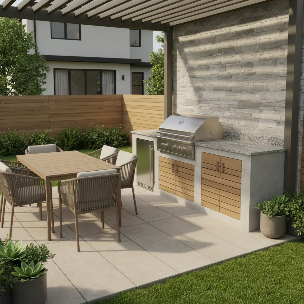 Small backyard outdoor kitchen with grill and prep counter