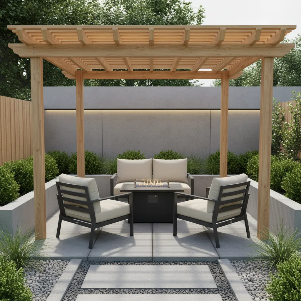 small backyard with compact pergola and seating area