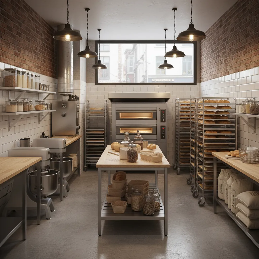 compact artisan bakery kitchen showing organized workflow zones