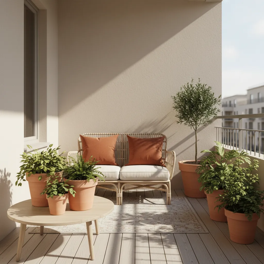 Compact balcony with terracotta accent cushions and planters
