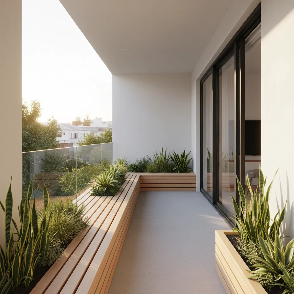 Small balcony with built in bench seating and planters