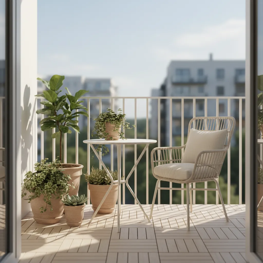Tiny balcony styled as a morning coffee nook with plants and small table