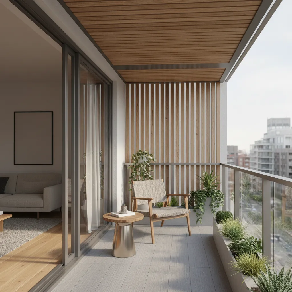 Compact apartment balcony with partial roof allowing natural light and airflow