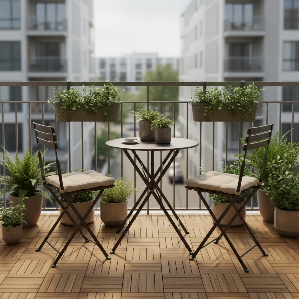 Small balcony seating area with bistro chairs and plants