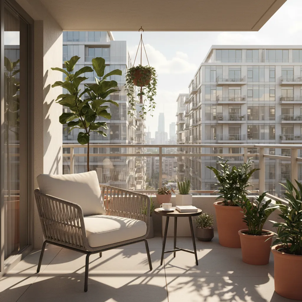 Small balcony with cozy seating and plants in an apartment setting