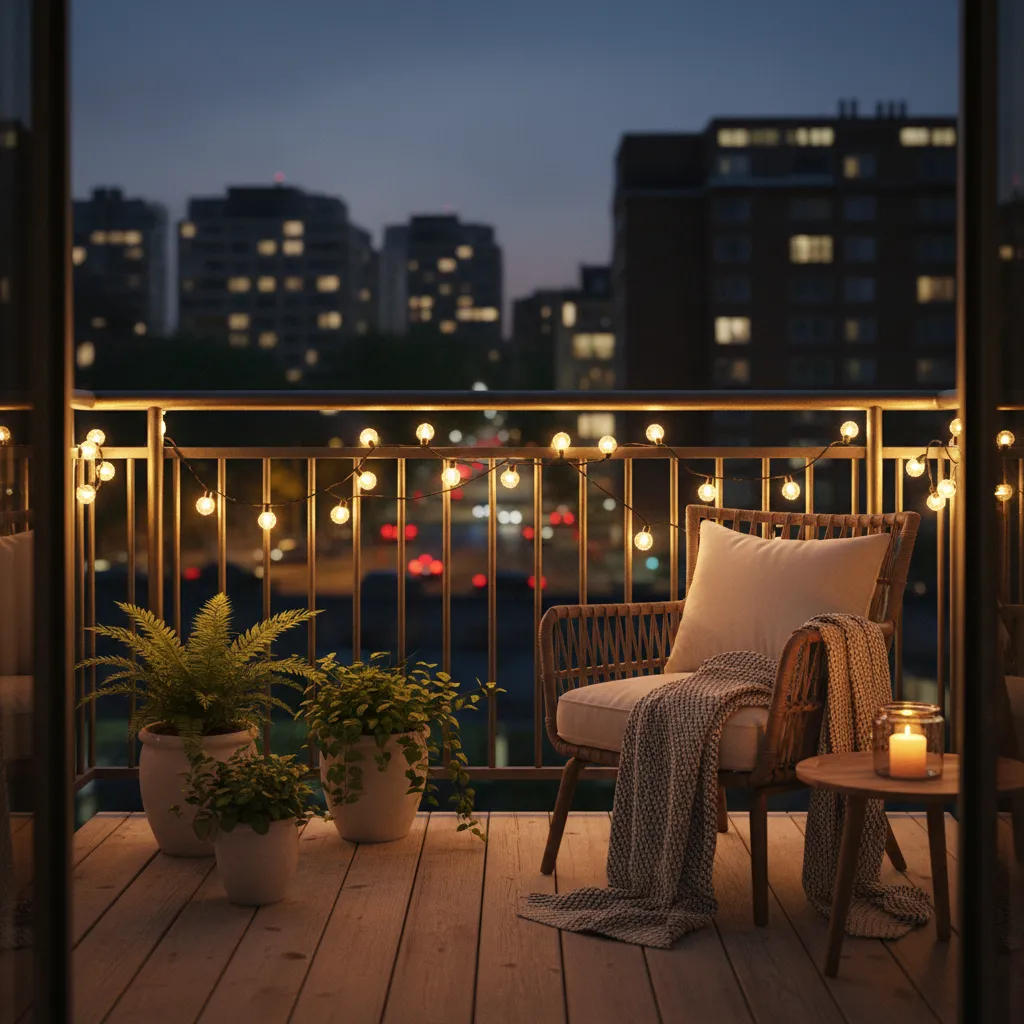Cozy small balcony with warm string lights at night