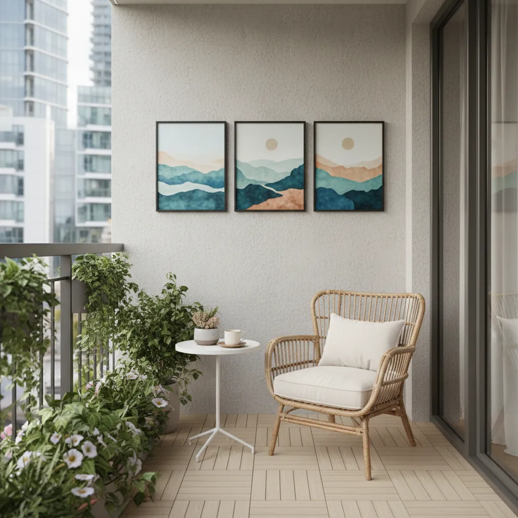 small apartment balcony with a simple gallery wall and cozy seating