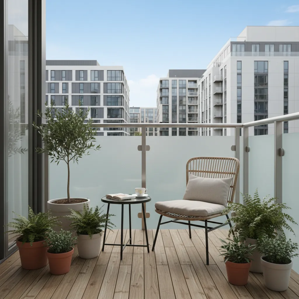Compact apartment balcony deck with potted plants and seating
