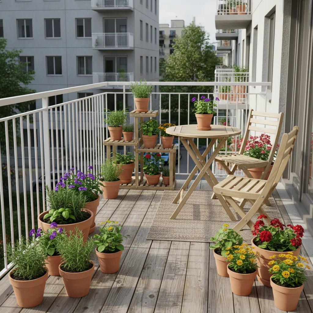 Small apartment balcony with multiple potted plants and greenery
