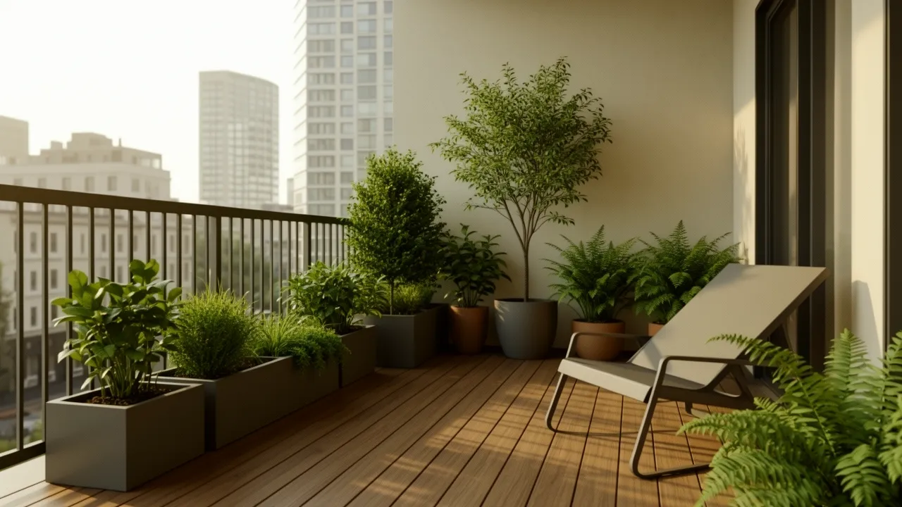 Compact balcony garden with plants and seating in an urban apartment