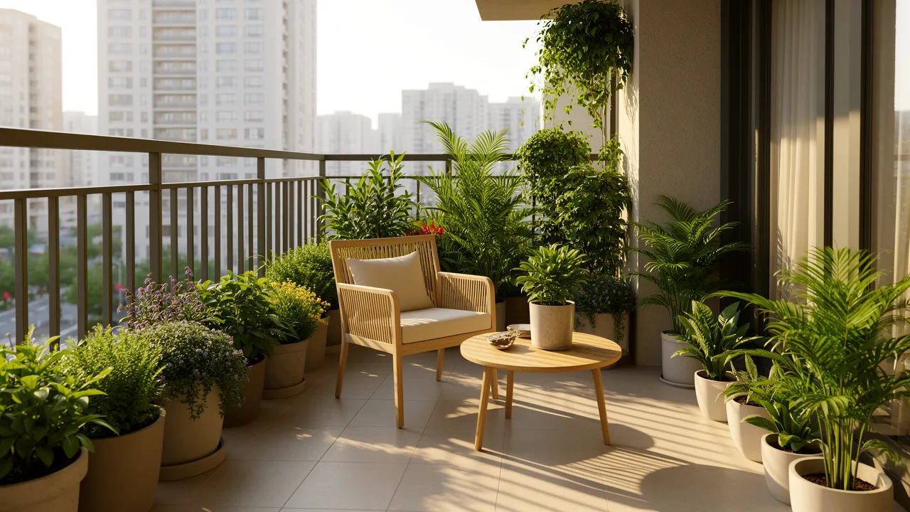 Small apartment balcony garden with plants seating and cozy flooring