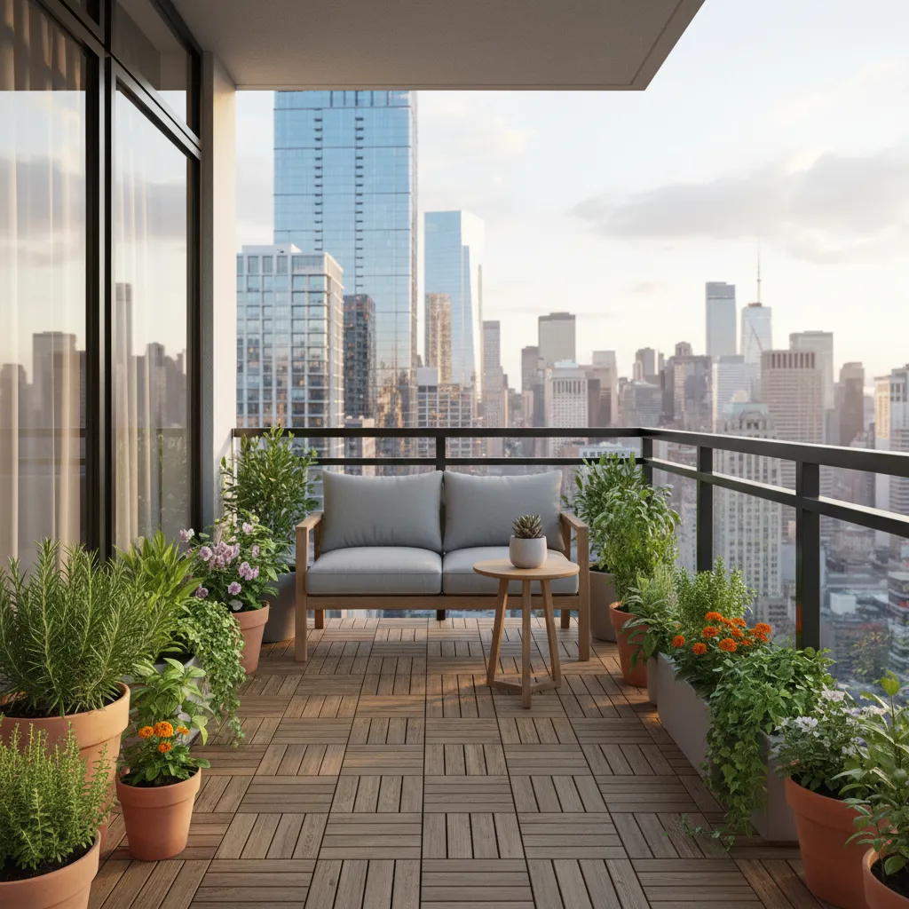 Small apartment balcony garden with planters and seating