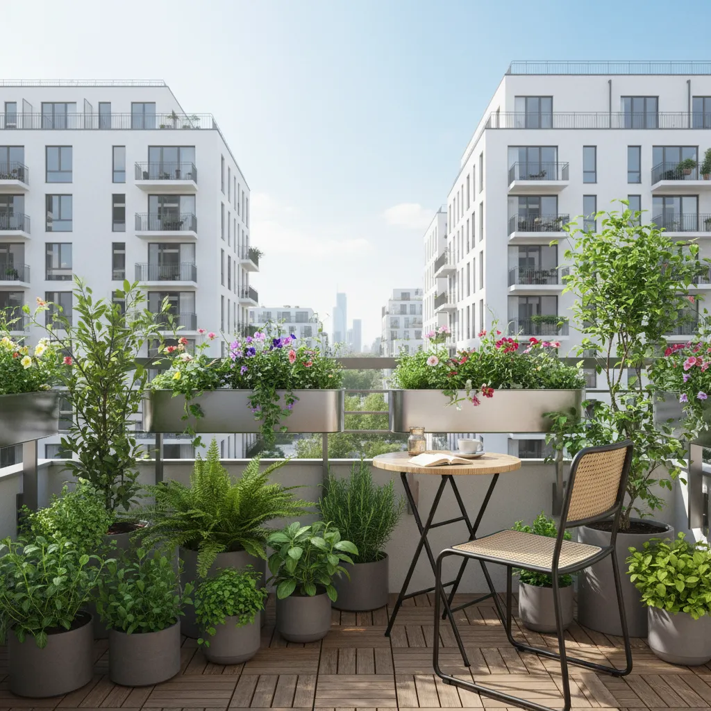 cozy small apartment balcony garden with plants and seating