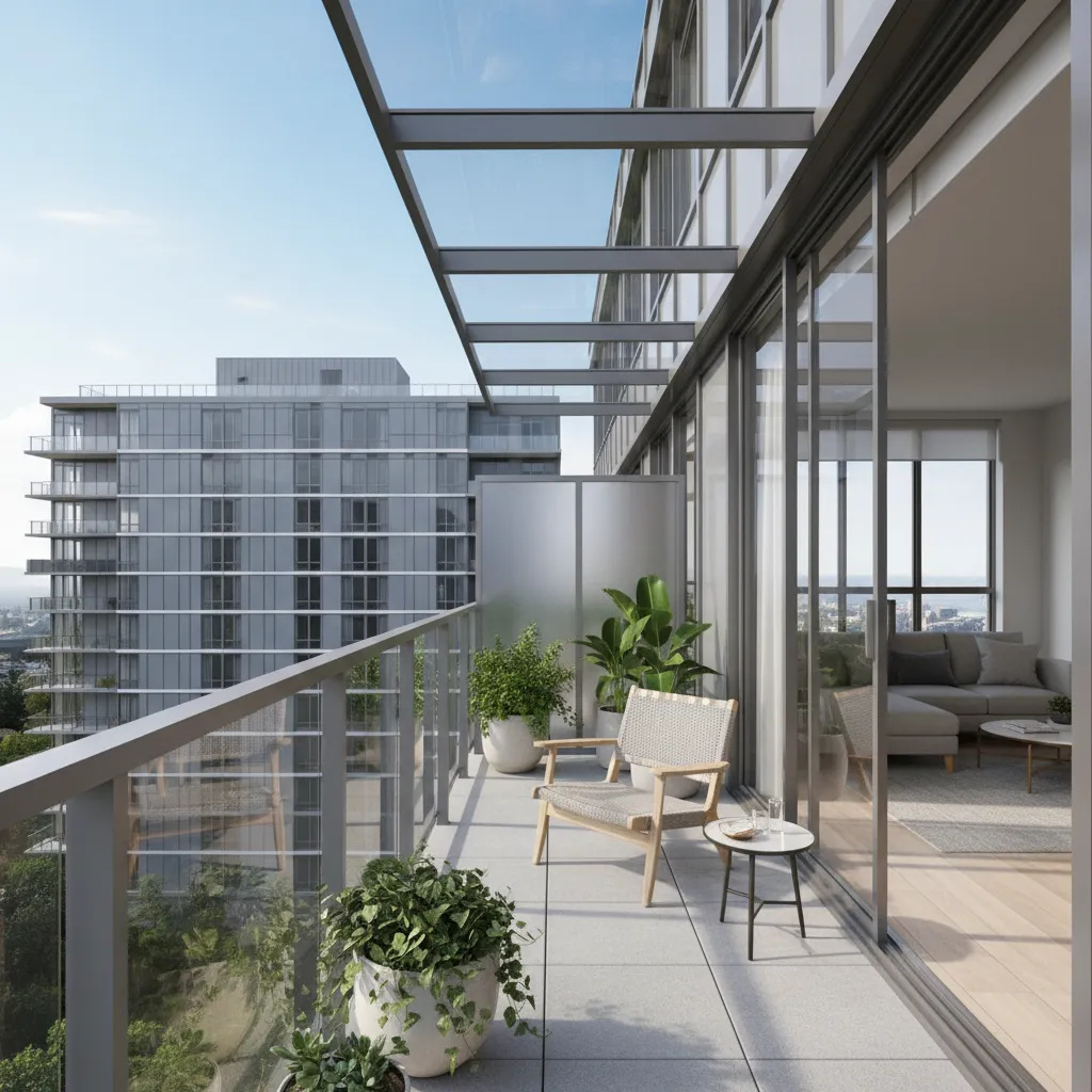 Compact apartment balcony with modern glass chajja canopy and minimal furniture