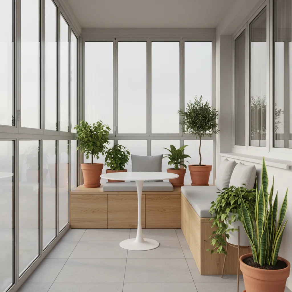 small apartment balcony with sliding glass panels bench storage and plants