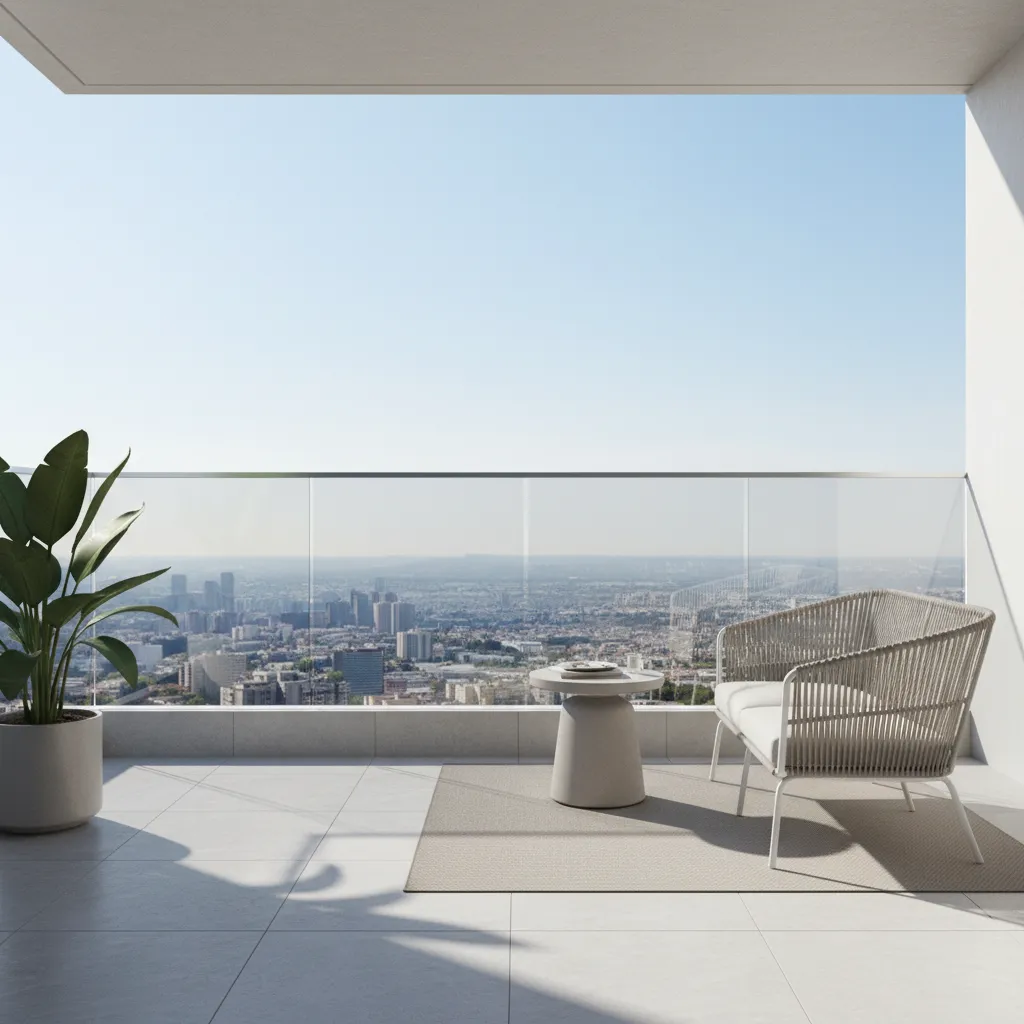 small apartment balcony with frameless glass railing making space look larger