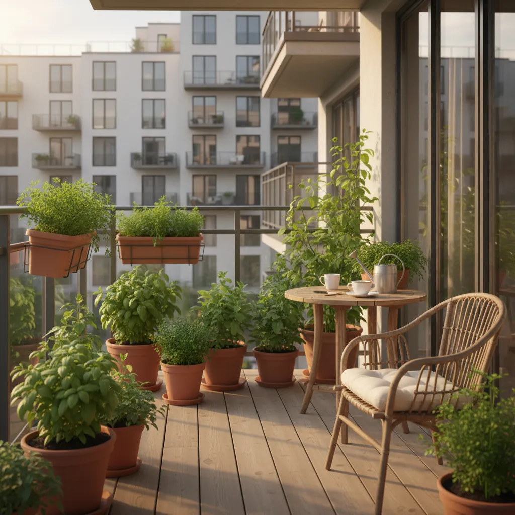 Compact balcony herb garden with containers and seating