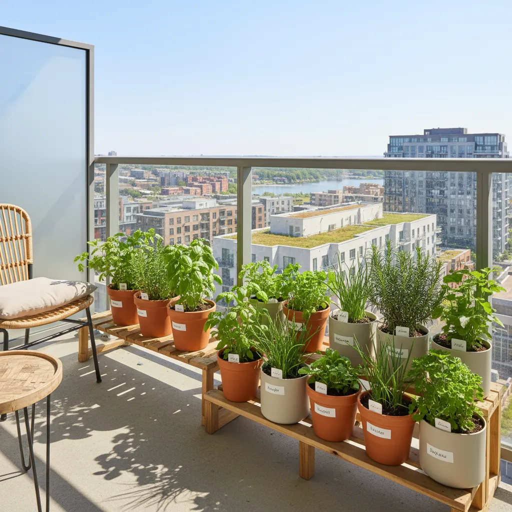 small apartment balcony with organized herb garden pots