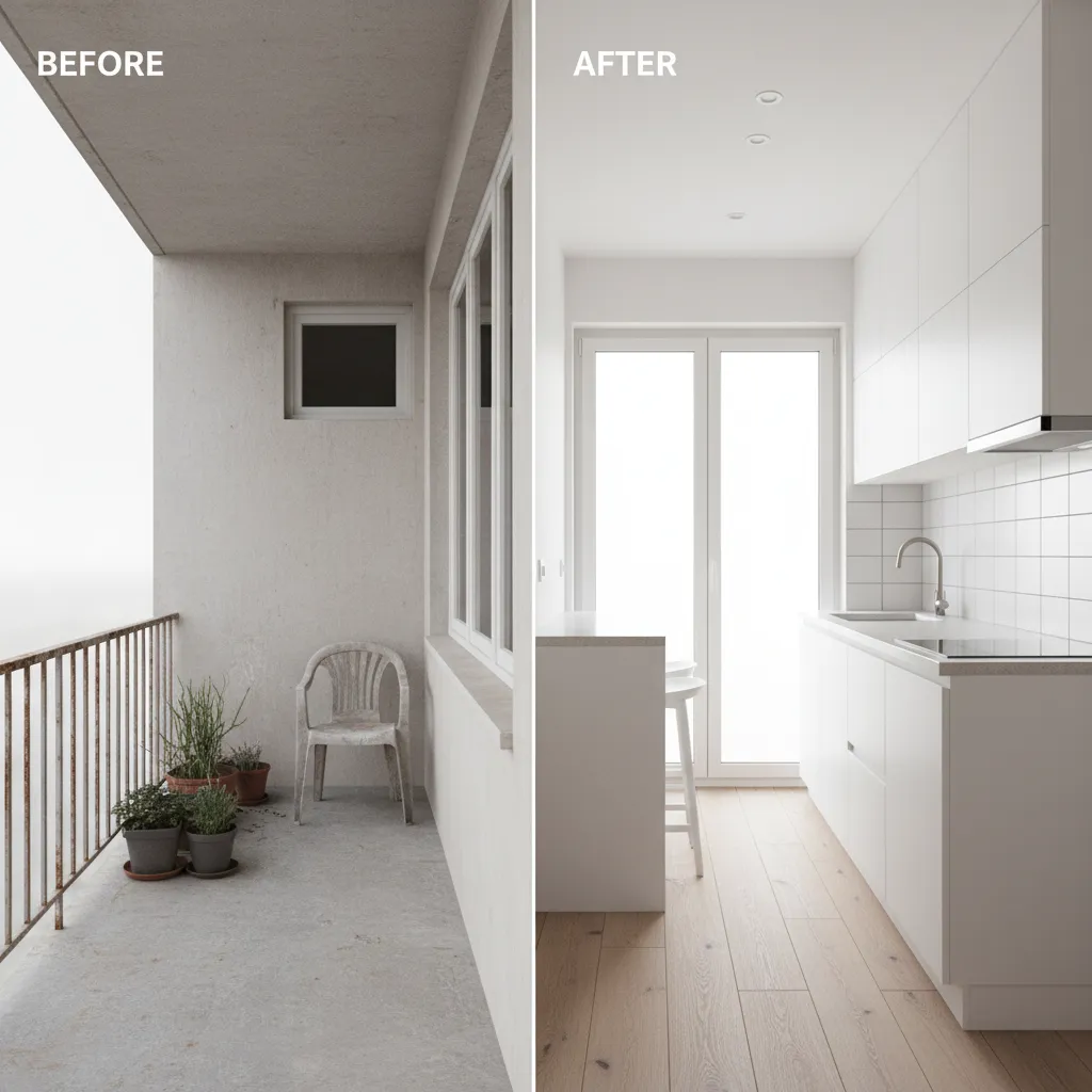 Before and after transformation of a small balcony kitchen layout