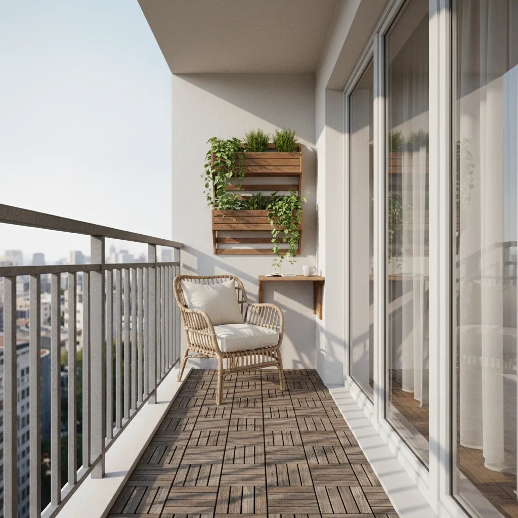 Example layout of a narrow apartment balcony with chair table and plants
