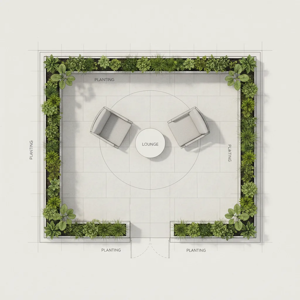 Top view layout of a small landscaped balcony with plants around edges