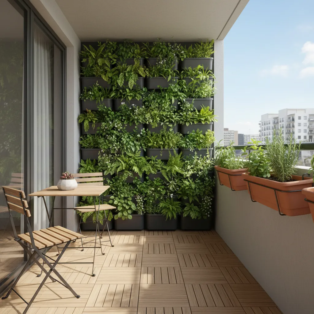 Small balcony layout with vertical wall planters and compact seating