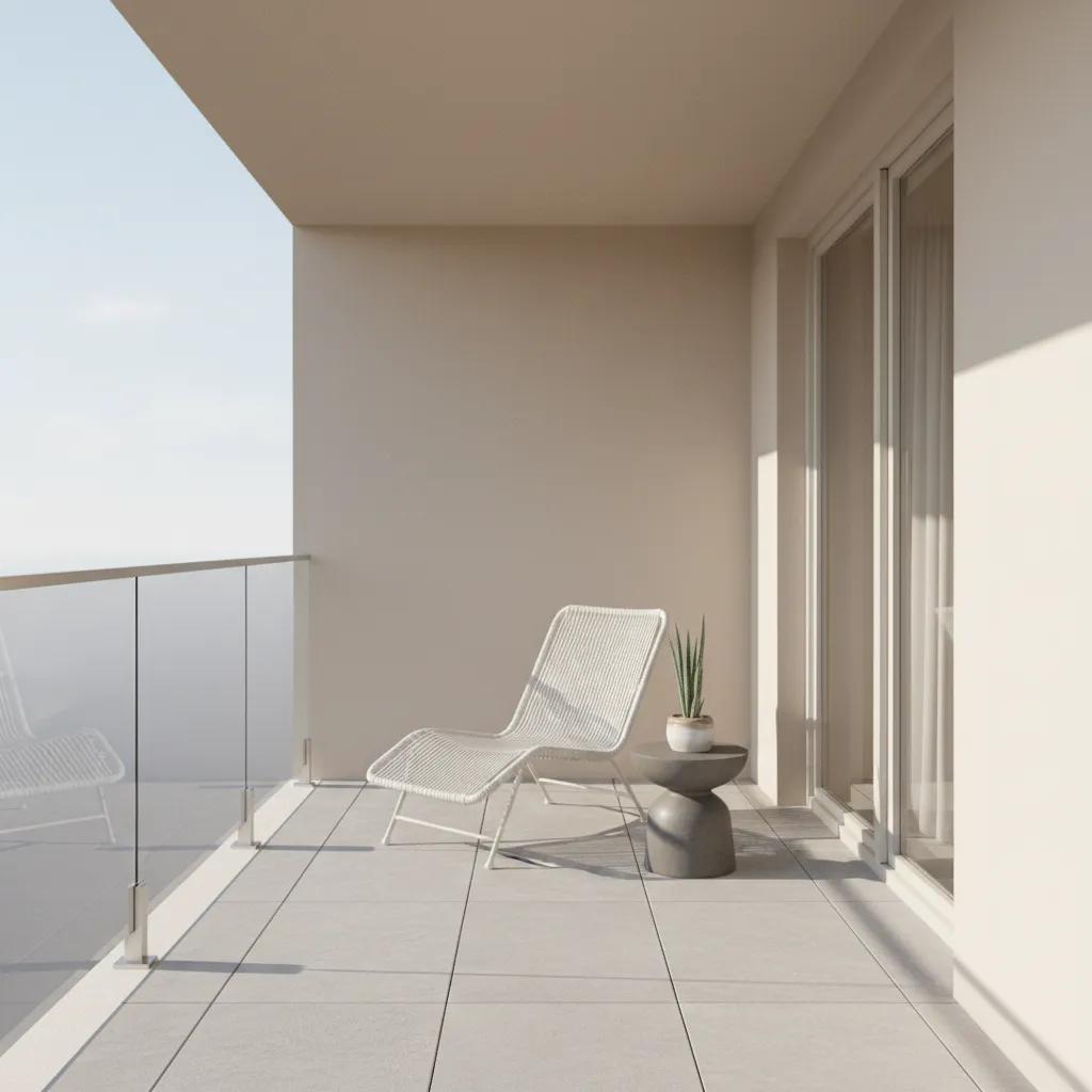 Small balcony painted in soft beige tones showing expanded visual space