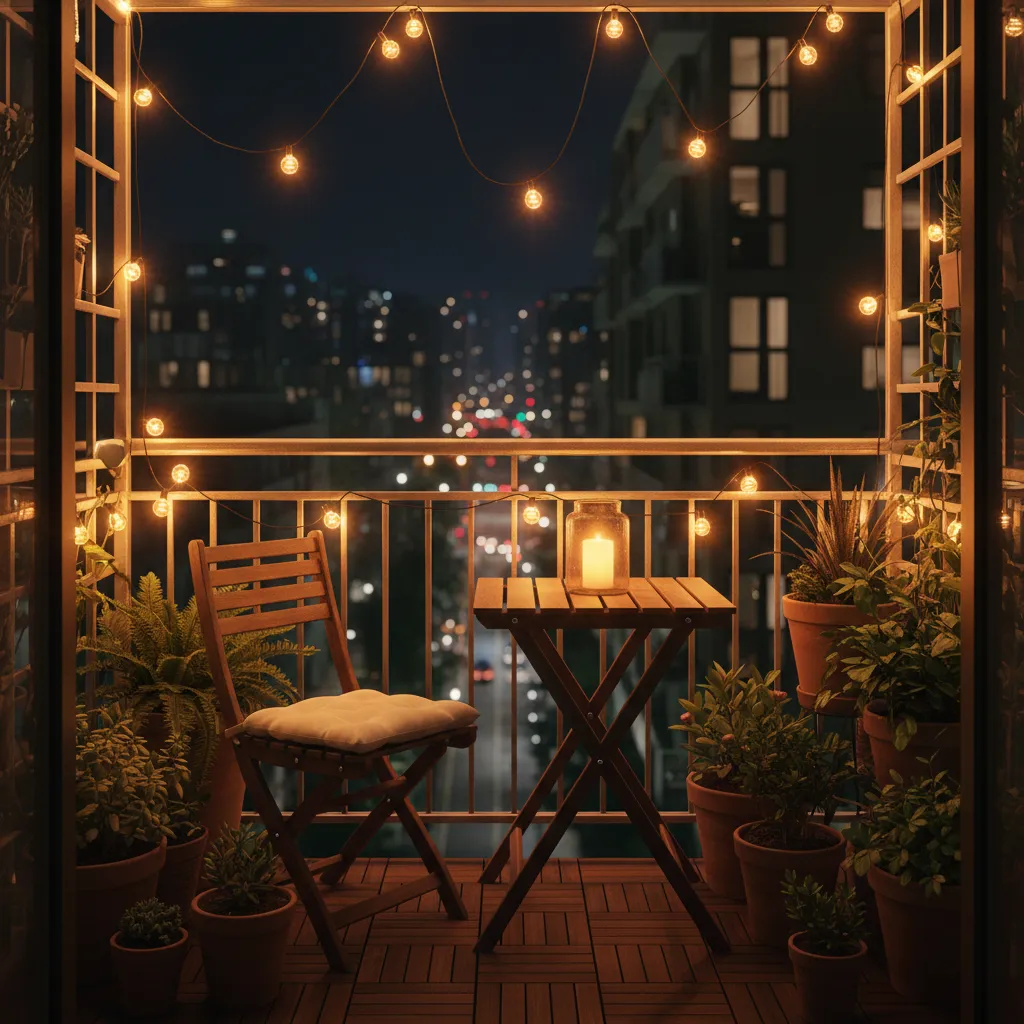 Small balcony seating with string lights and plants at evening