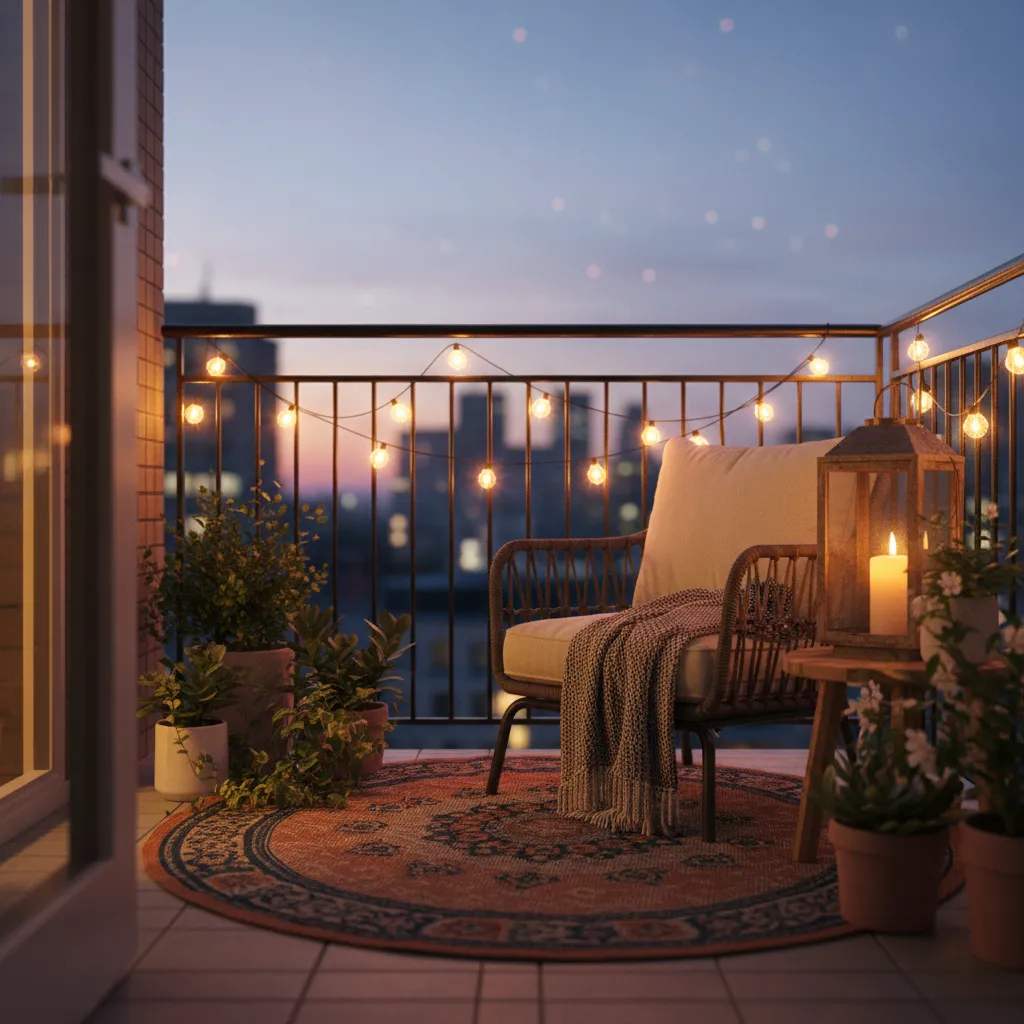 Small balcony with warm string lights and cozy decor