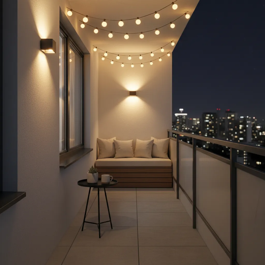 narrow balcony with warm string lights and wall sconces at night