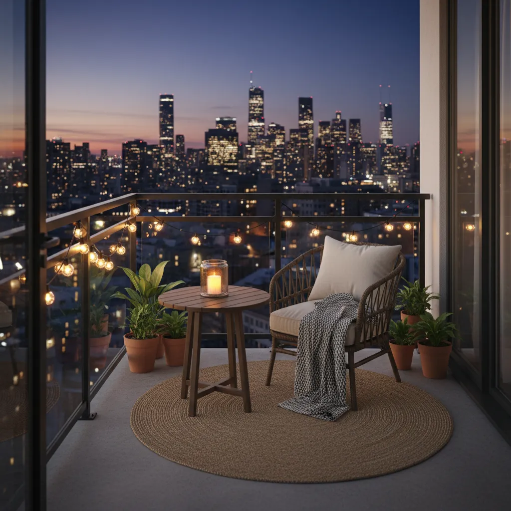 Small balcony with string lights lanterns and cozy seating at night