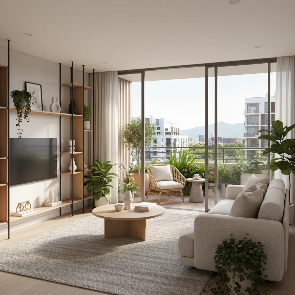 Salón pequeño conectado visualmente con un balcón exterior luminoso