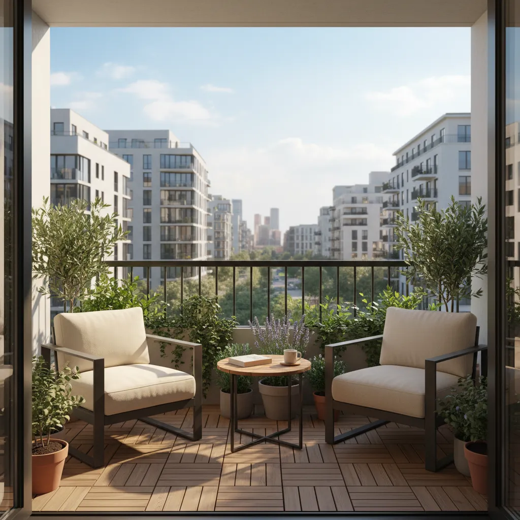 small apartment balcony designed as cozy lounge with plants and compact furniture