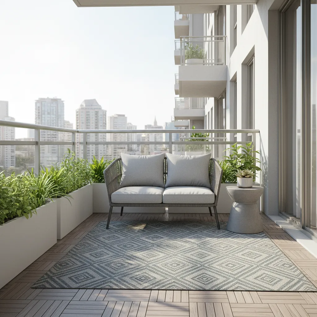 Small apartment balcony lounge with compact loveseat and outdoor rug
