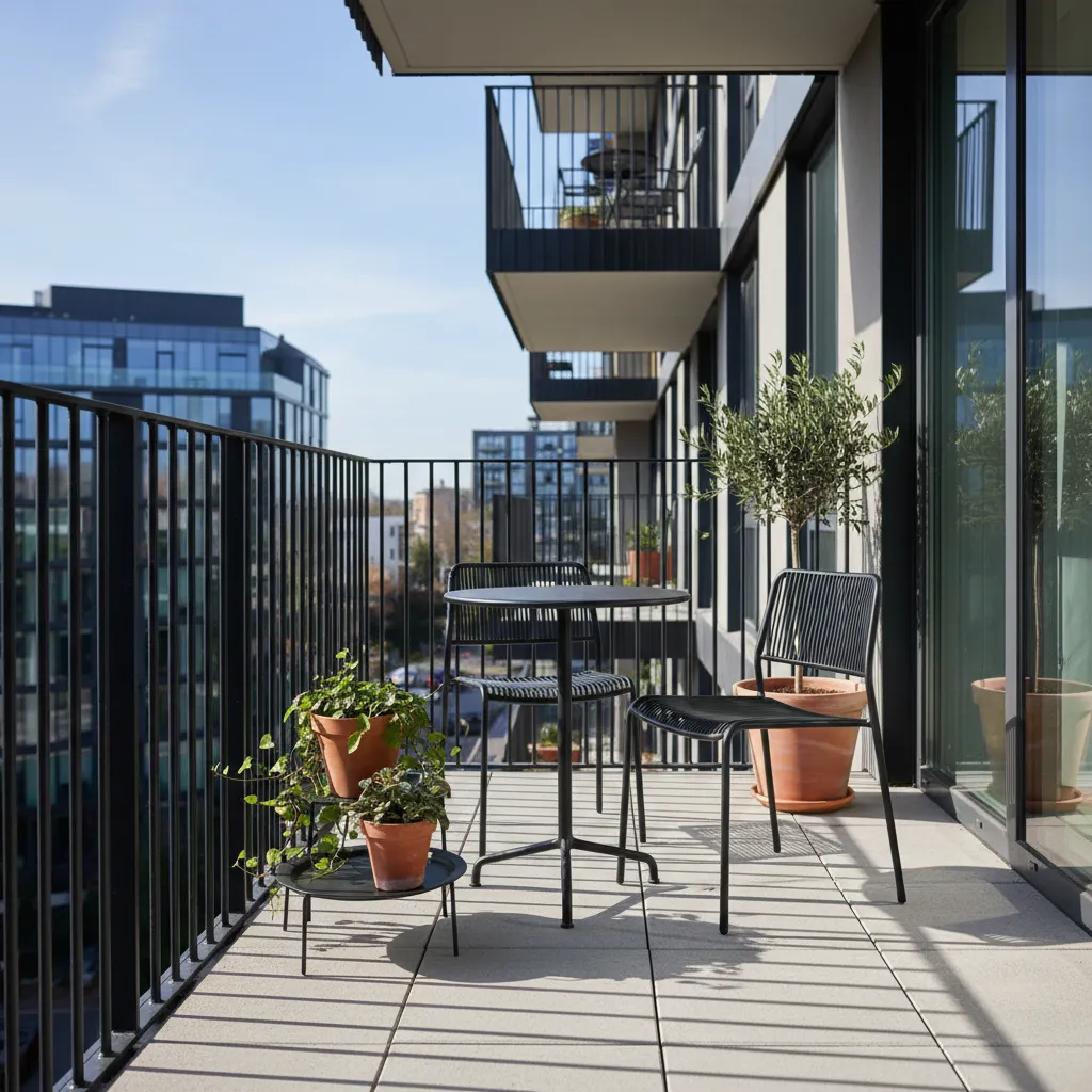 Compact apartment balcony with modern minimalist grill railing