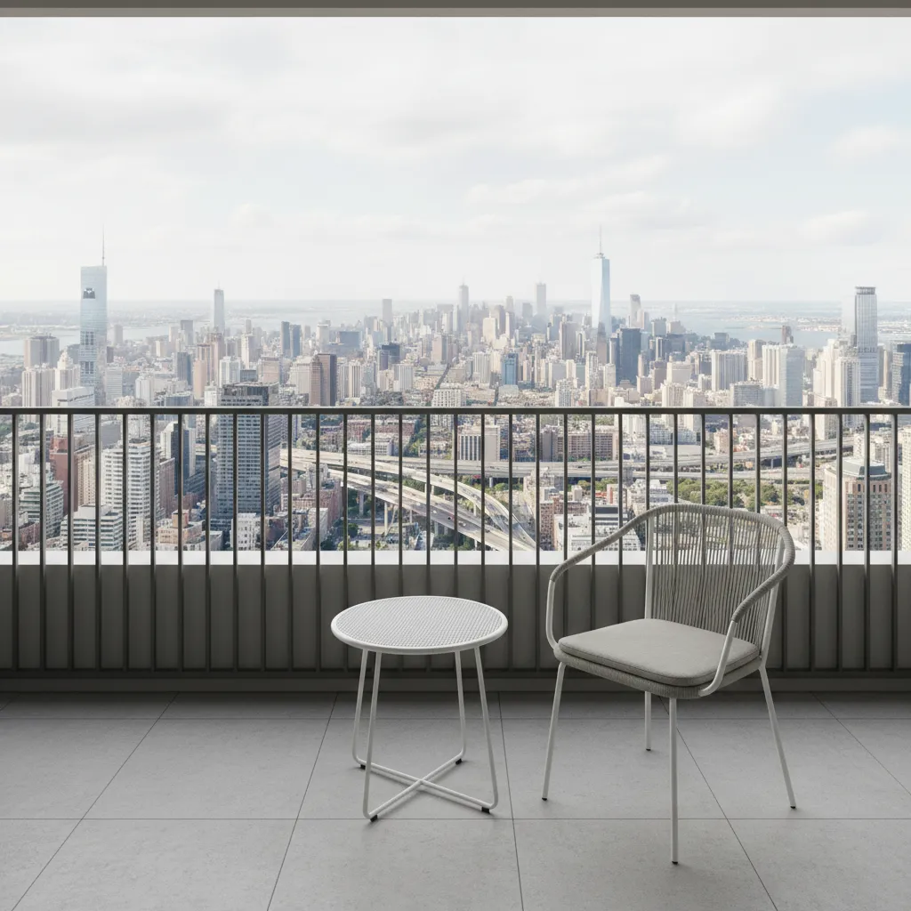 Small apartment balcony with slim modern railing and compact seating