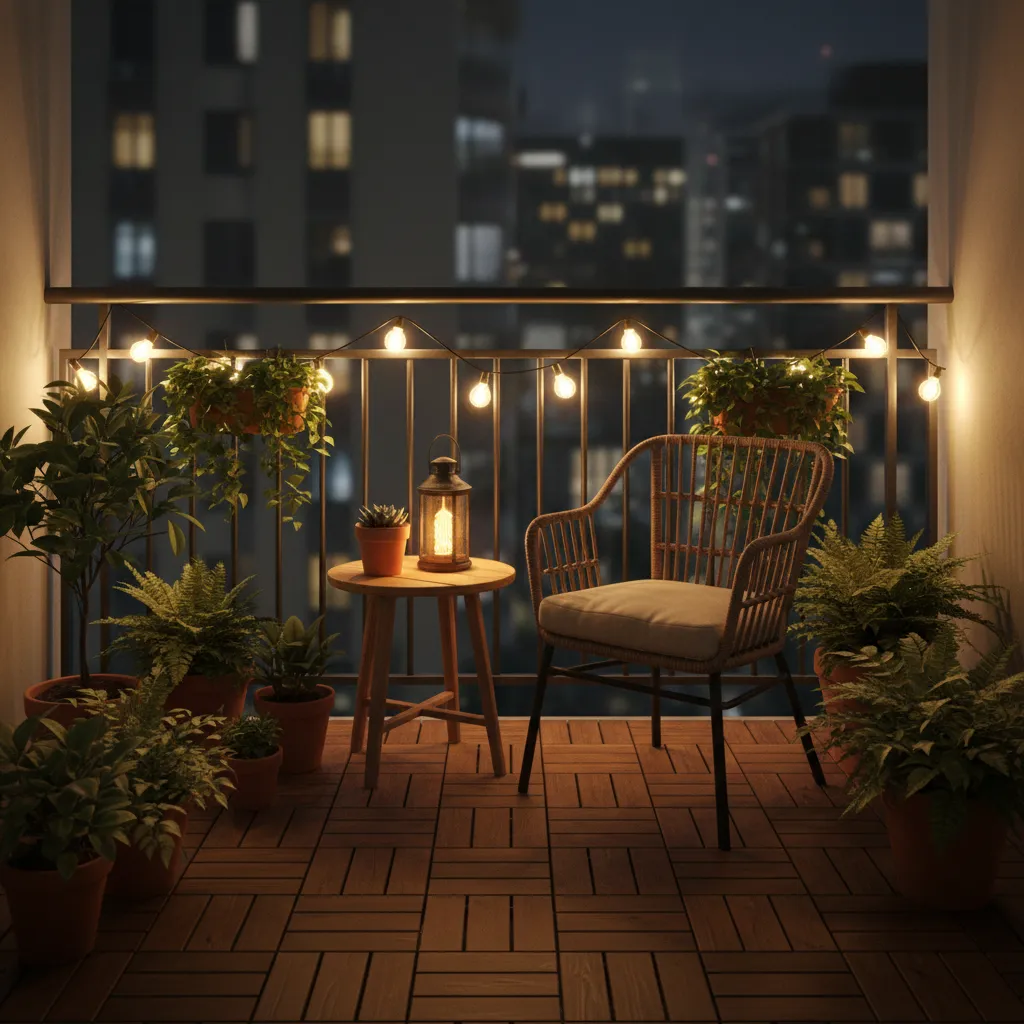 Small balcony with warm string lights and cozy seating at night