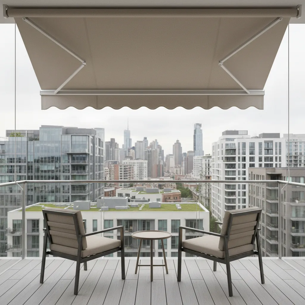 small balcony with retractable awning roof system