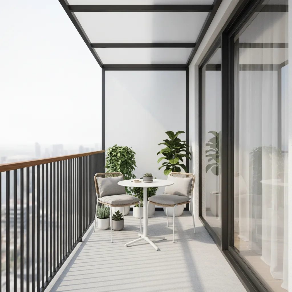 Small apartment balcony with translucent roof allowing natural light